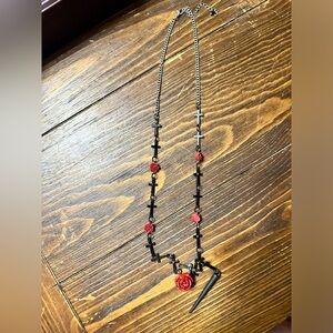 Cross and red roses rosary style necklace